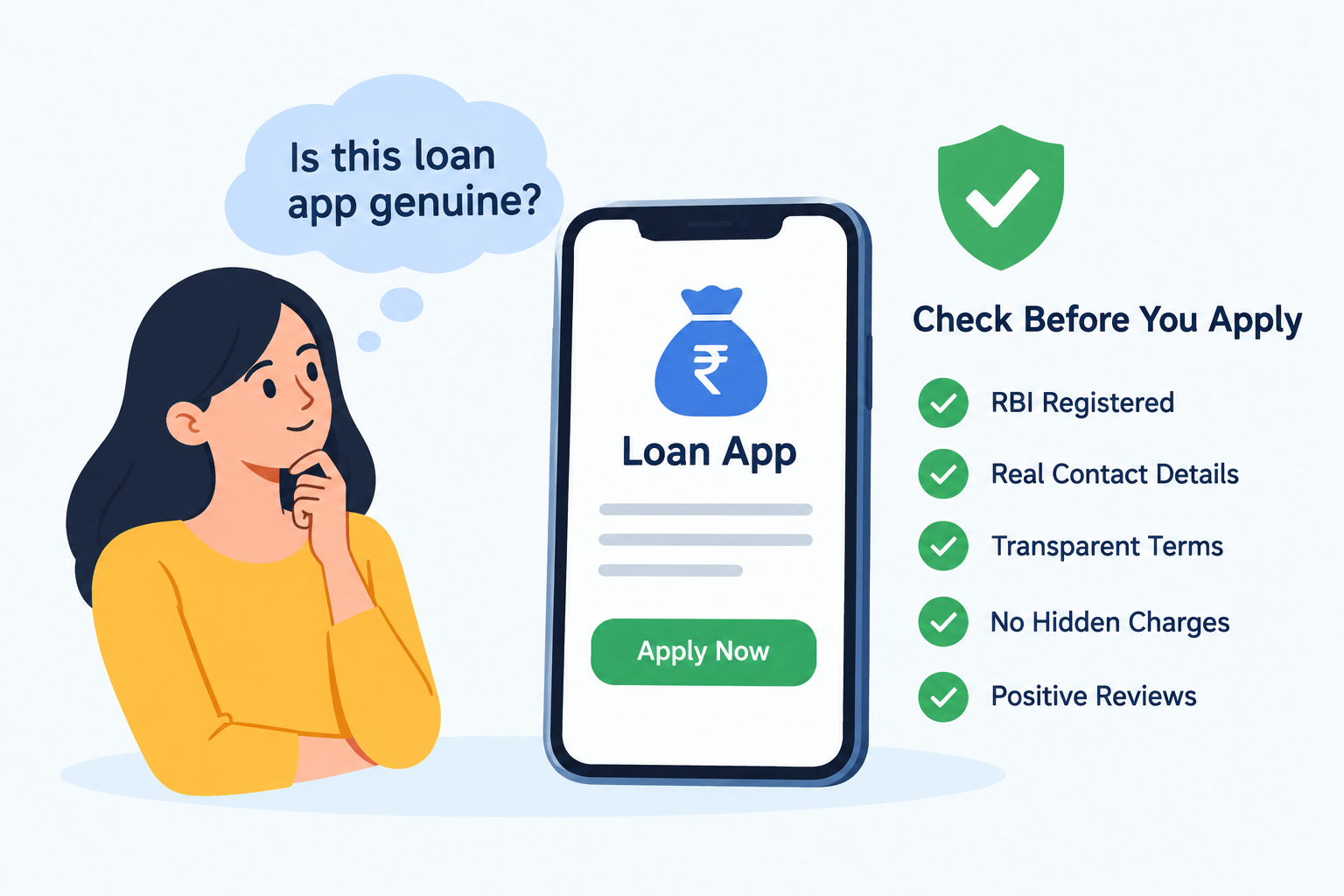 Identifying a genuine loan app in India by checking RBI registration, verified contact details, transparent loan terms, hidden charges, and customer reviews before applying.